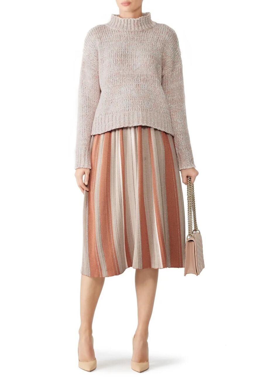Slate & Willow Women's Medium Tan Striped Pleated Midi Skirt Quiet Luxury S3-3